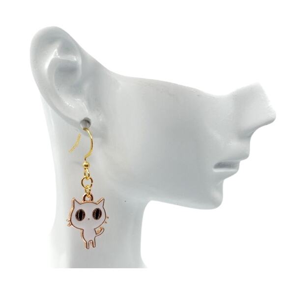 White Cat Earrings Gold Tone Spooky Cute Dangle Drop - Picture 2 of 4